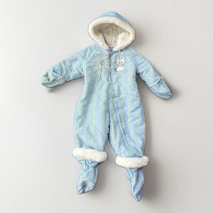 Vtg Weather Tamer Baby Snowsuit 18 Mo Plaid One Piece Hooded Bunting Cat Blue